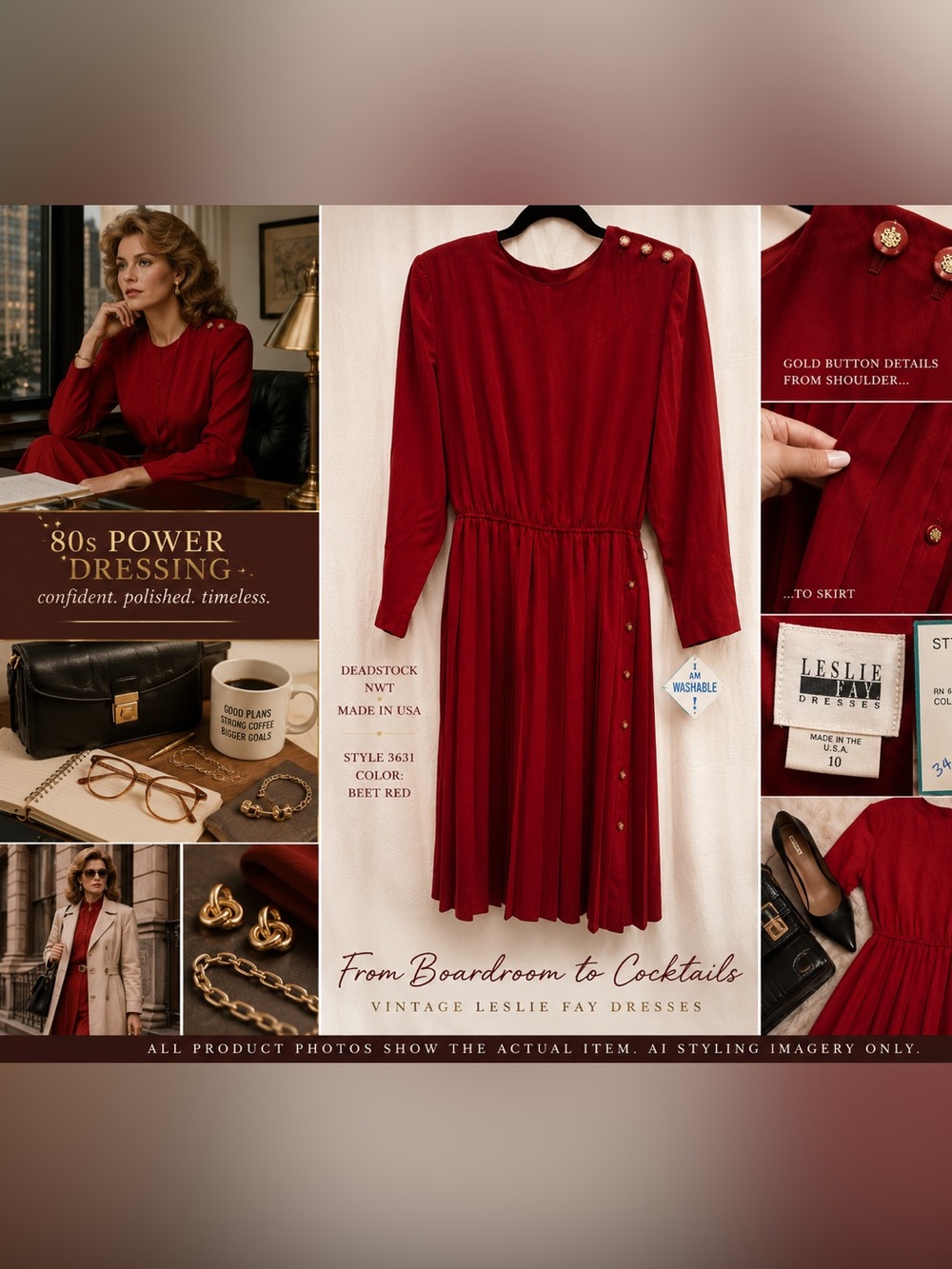 NWT VTG 80s Leslie Fay Beet Red Pleated Midi Dress Gold Buttons USA 10 Deadstock